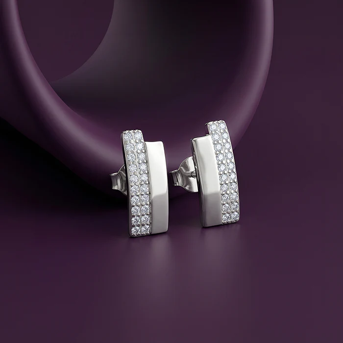 Silver Texture Pave Bar Stud Earrings - Image 2