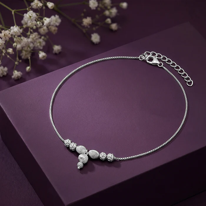 Silver Textured Bead Drop Anklet - Image 2