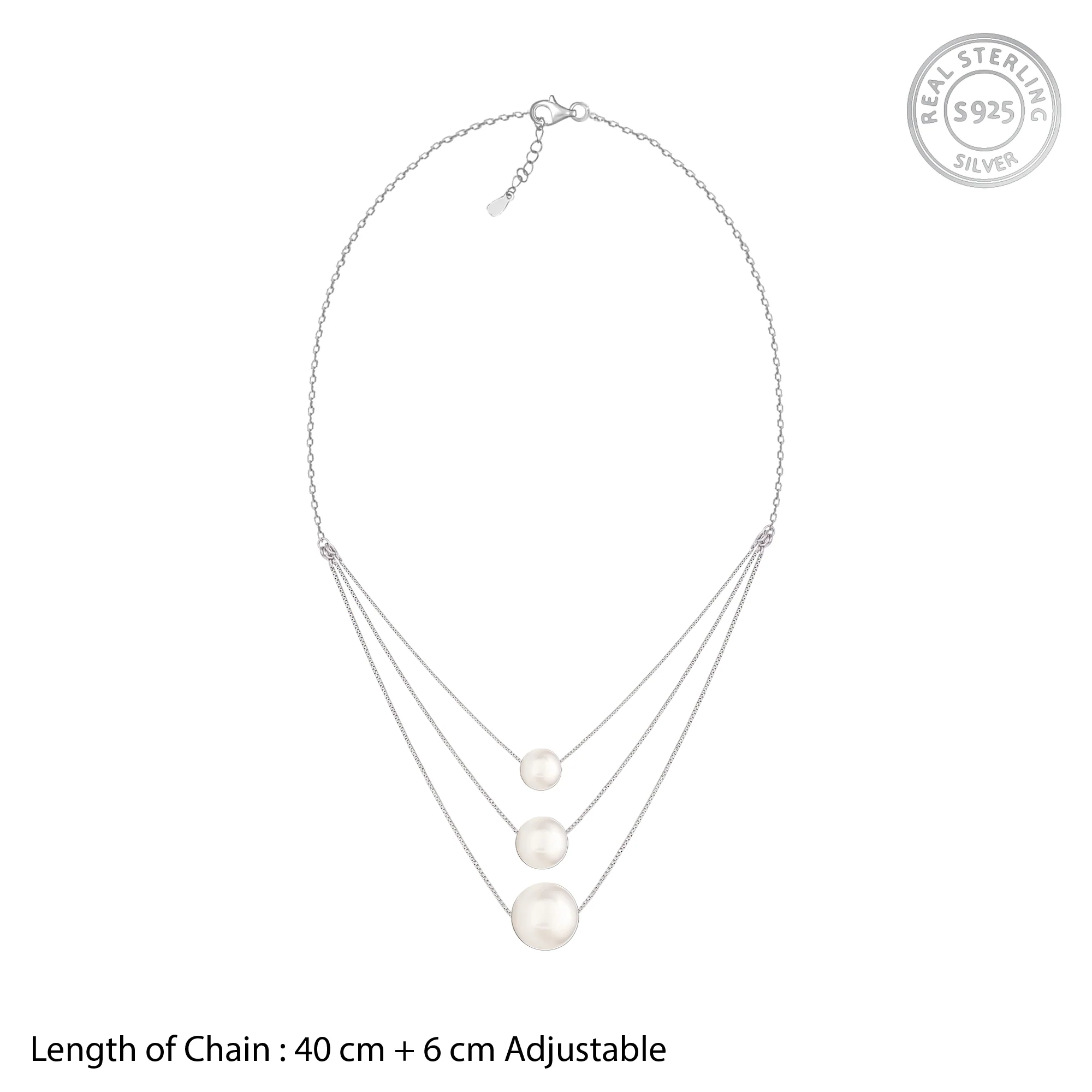 Silver Triple Layer Pearl Necklace With Link Chain - Image 4