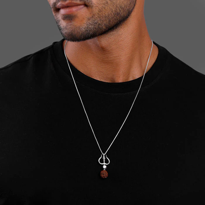 Silver Trishul And Rudraksha Pendant With Box Chain for Him - Image 3