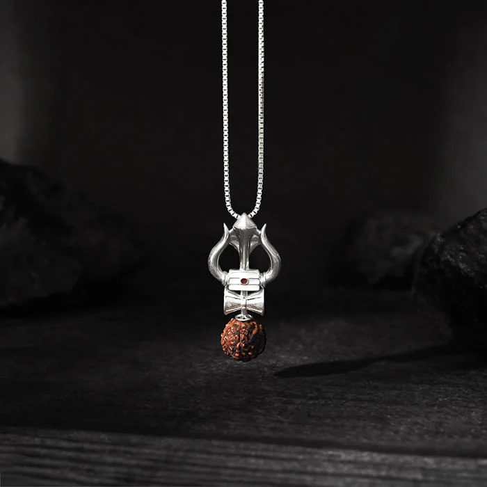 Silver Trishul Rudraksha Pendant With Box Chain For Him - Image 2