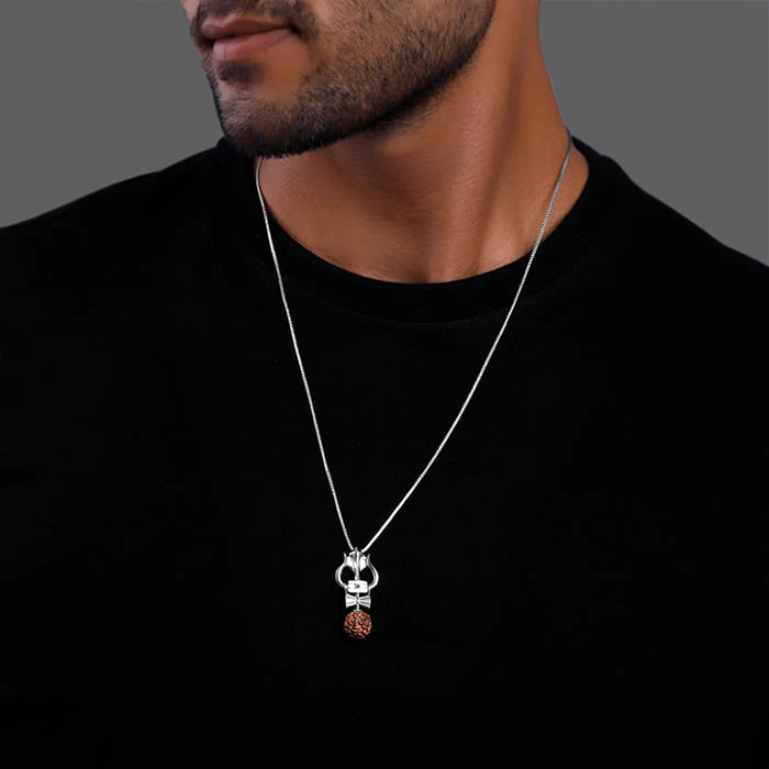 Silver Trishul Rudraksha Pendant With Box Chain For Him - Image 3