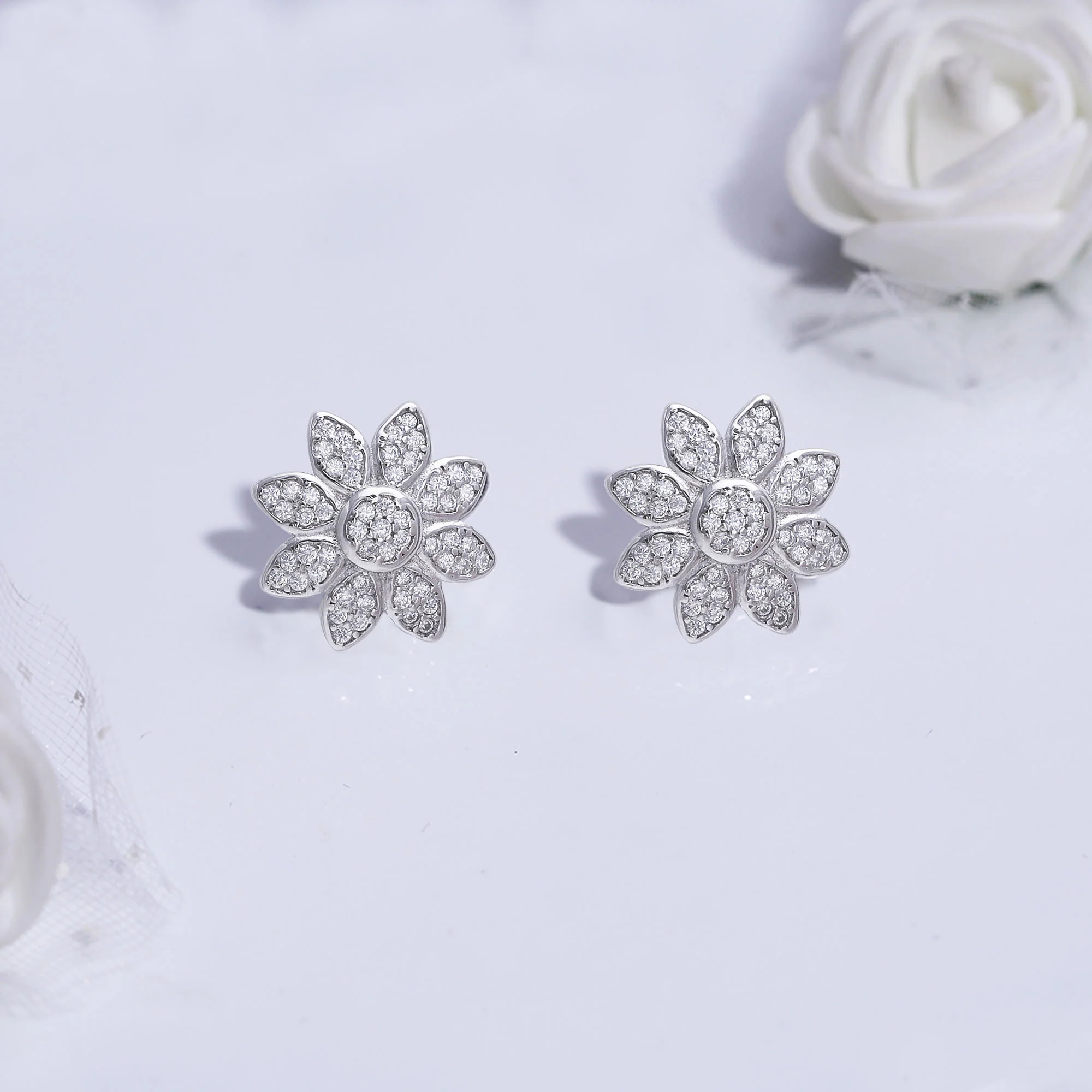 Silver Zircon Blooming Flower Earrings - Image 3