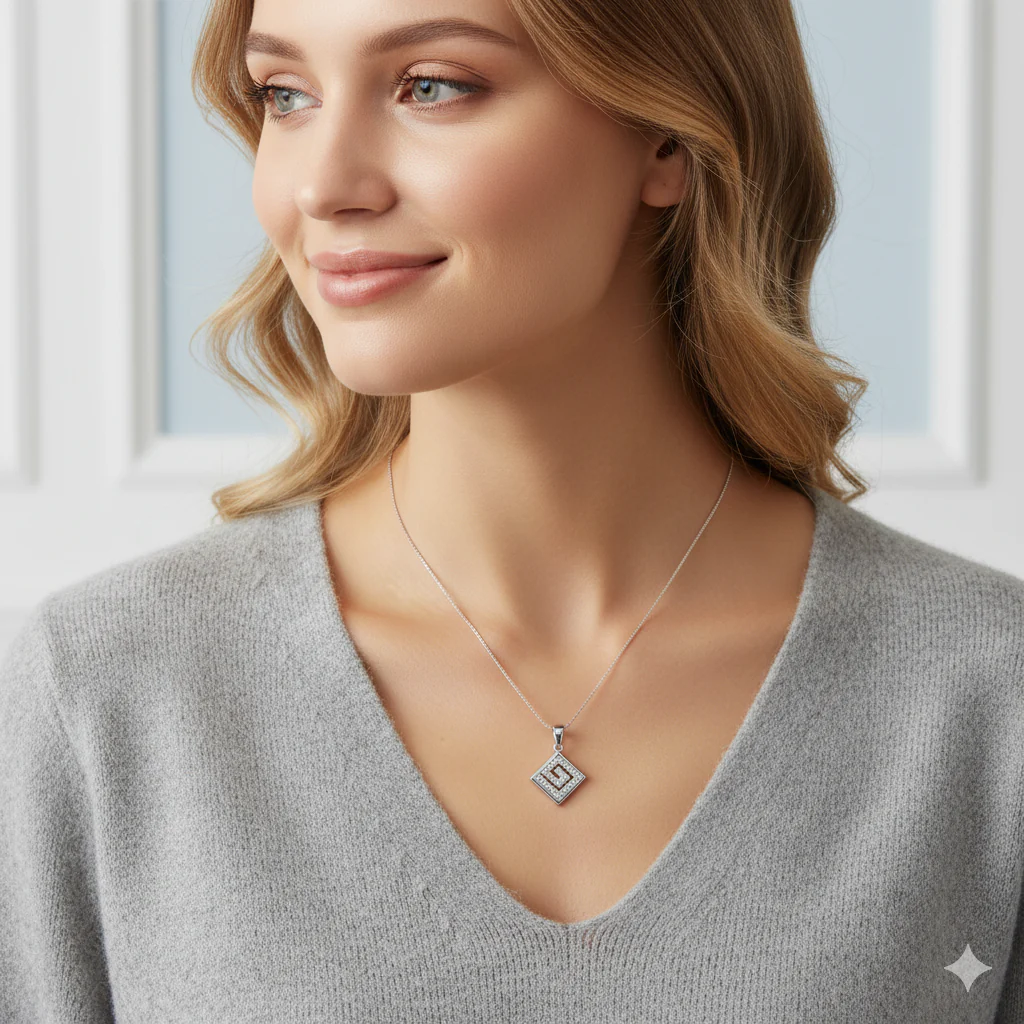 Silver Zircon Maze Pendant with Link Chain - Image 5