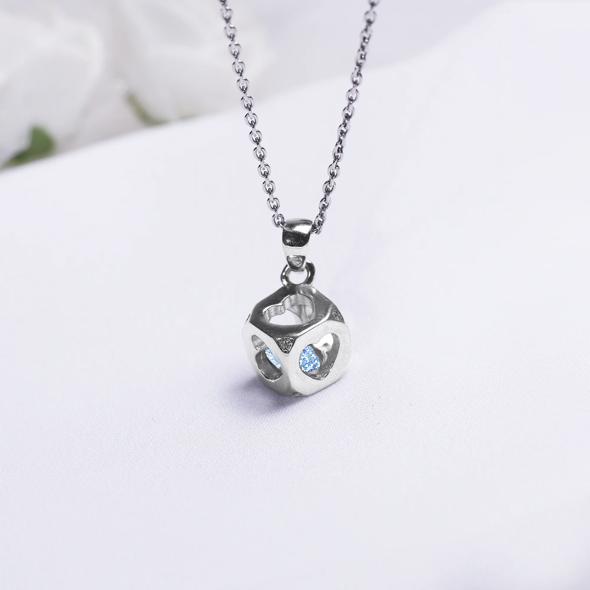 Sky Blue Heart Cube Pendant with Link Chain - Image 3