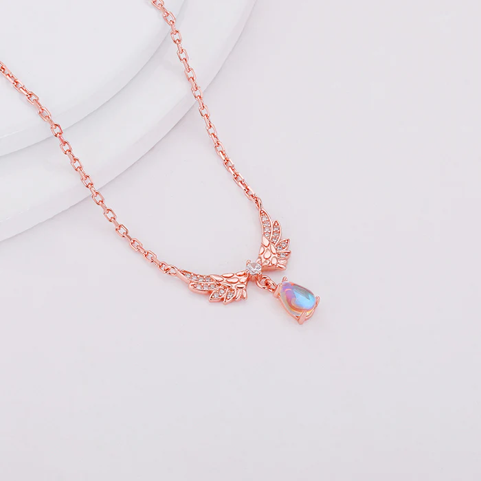 Rose Gold Divine Wings Moonstone Drop Necklace - Image 2
