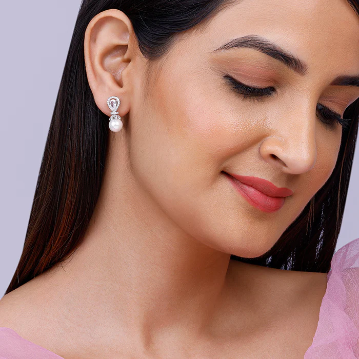 Zircon Pearl Drop Earrings - Image 3